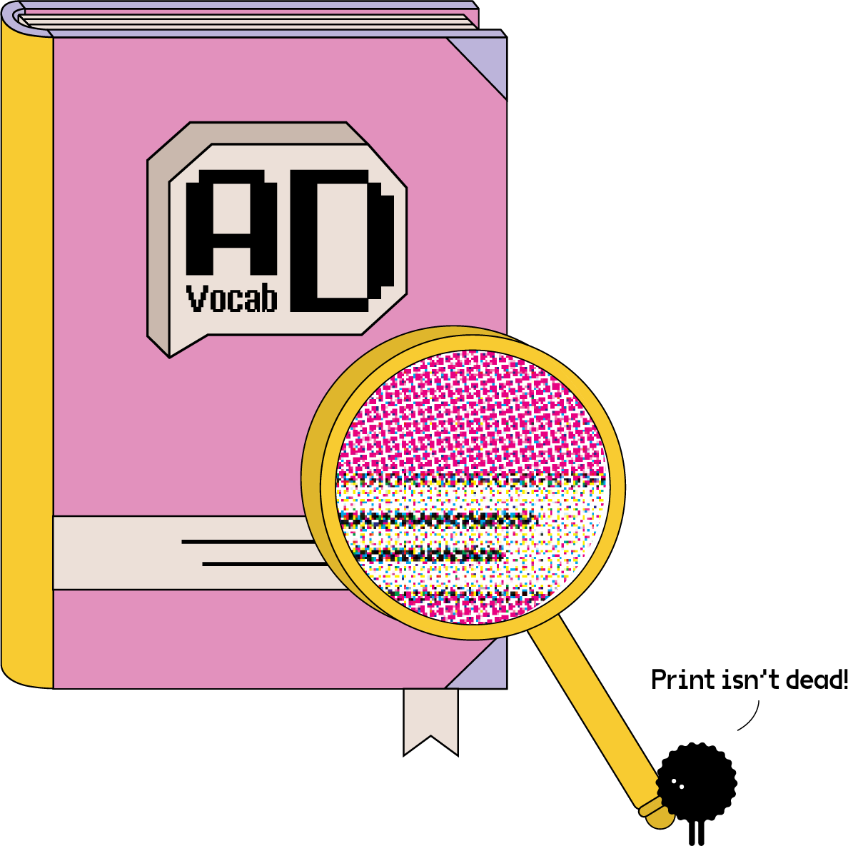 A magnifying glass is held up to a book, with each pixel of colour shown