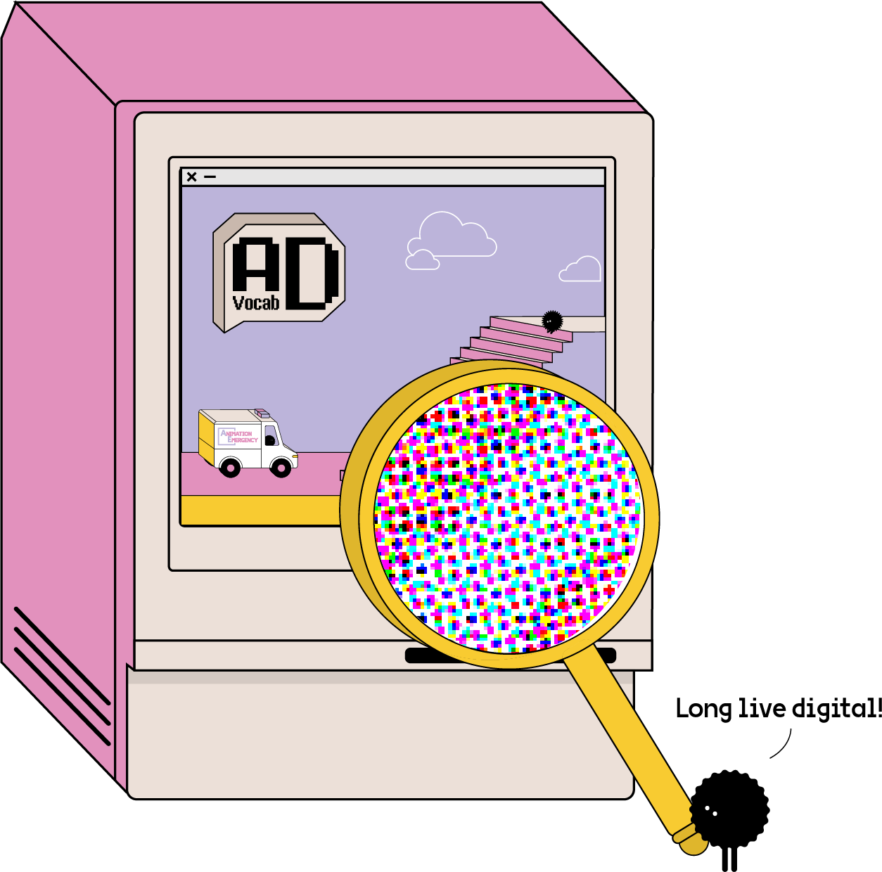 A magnifying glass is held up to a computer, revealing individual pixels of colour 