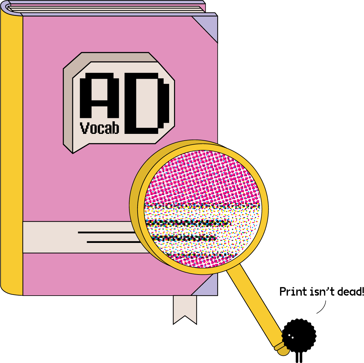 A magnifying glass is held up to a book, with each pixel of colour shown